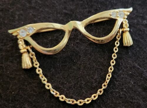 Vintage Avon Eye Glasses Chain Rhinestone CAT EYES Secretary Gold Tone Brooch - Picture 2 of 6