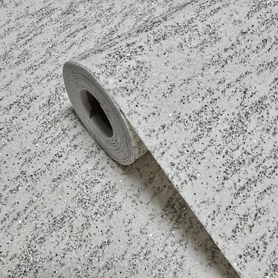 Off White grey silver Chip Stone Real Natural Mica Textured Plain Wallpaper roll