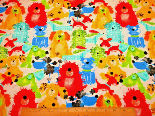 Dog Fabric By Yard Blue Green Yellow Red Cute Fuzzy Dogs White Premium Cotton #C