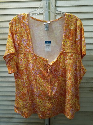 Rue 21 Womens Cropped Top Size 4X Orange Pink White Floral Short Sleeve Tie Neck