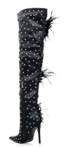 AZALEA WANG Taryn Black Satin Feather Flower Thigh High Stiletto Heel Boots Sz 8 - Picture 3 of 4