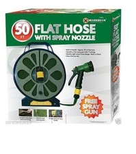 50FT FLAT HOSE PIPE REEL+ 7SATTING SPRAY NOZLE GARDEN OUTDOOR WATERING BNIB