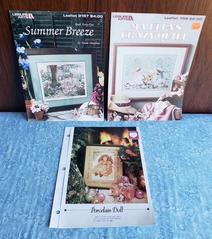 LOT 3 Cross Stitch SUMMER BREEZE #2157~MA ELLA’s CRAZY QUILT #709~PORCELAIN DOLL