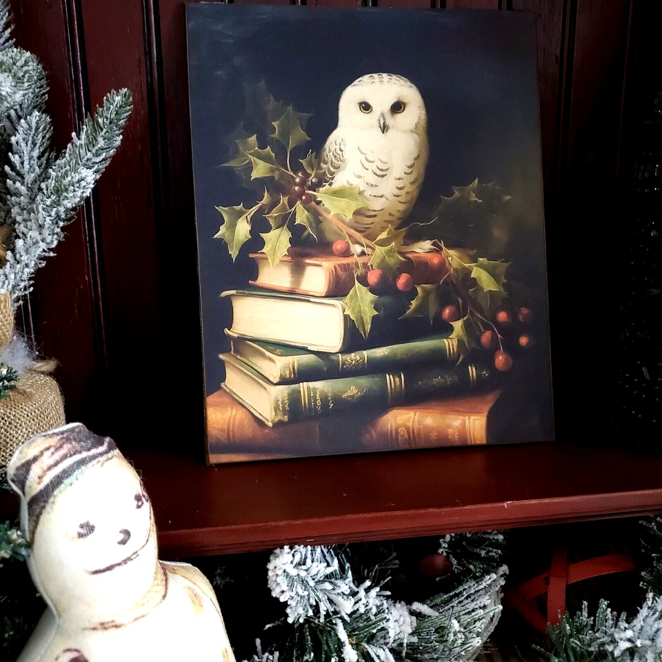 STEAMPUNK GOTHIC PRIMITIVE VICTORIAN VINTAGE STYLE CHRISTMAS OWL PORTRAIT SIGN - Image 3 of 4