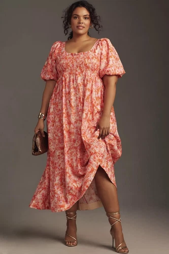 NEW Anthropologie Women Plus size 2X Smocked Babydoll Printed Midi Dress Orange