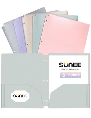 SUNEE 3 Hole Pocket Folders (6 Pack, Pastel Color), Plastic Pocket Folders fo...