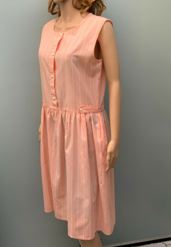 Vintage 80s sleeveless drop waisted dress peach white stripe size 12 14 - Picture 5 of 9
