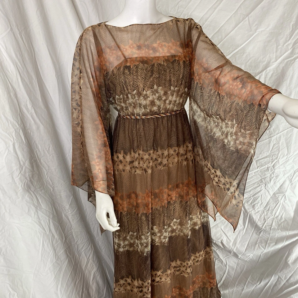 Maxi vestido manga kimono chifón años 60 70 capas talla 9/10 boho hippy cinturón Foto 3 de 4