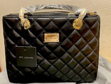 New St. John Quilted Handbag Purse Top Handle Black Leather & Dust Cover $830.00