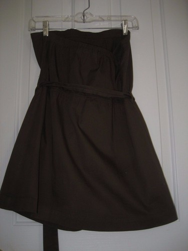 Womens M L Chocolate Brown STRAPLESS Mini DRESS Cotton Button Trim Tie Waist Sun - Picture 3 of 13