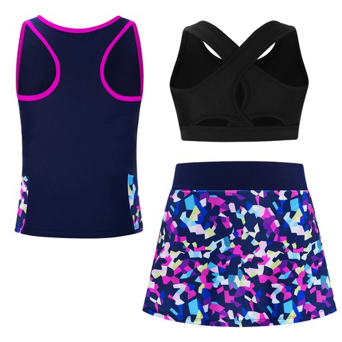 Kids Girls Sport Outfits Tennis Baseball Activewear Cropped Tank Top with Skirts - Picture 11 of 45
