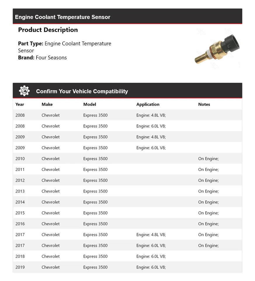 For 2008-2019 Chevrolet Express 3500 Engine Coolant Temperature Sensor 4 Seasons - Image 2 of 4
