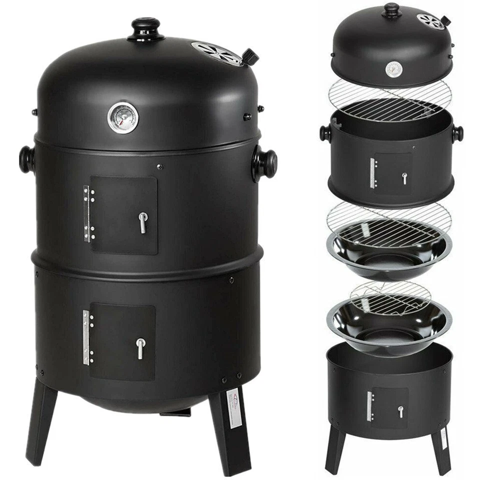 HOMFA 3in1 BBQ Räucherofen Holzkohlegrill Räuchergrill Grilltonne Smoker mit Thermomet