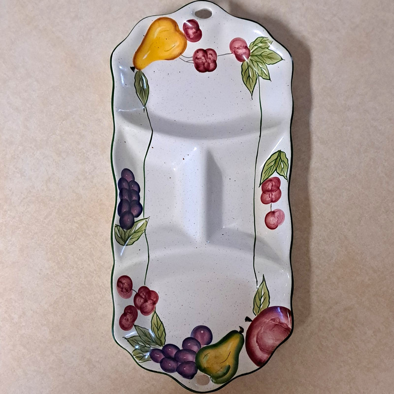 Baum Bros Style-Eyes Divided Ceramic Serving Tray, Fruit Pattern, Rect, China