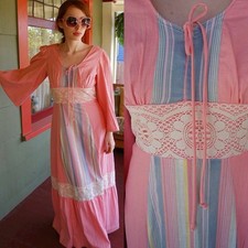 VTG 60s 70s Hippie Festival Dress Wide Slv Peasant Crochet Lace Pastel Rainbow M