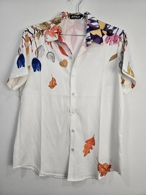 Mens Fall Floral Print Button-Up Shirt by Atlanl small
