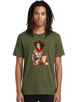 Pin-Up-Cowgirl Mens Graphic Tee, 100% Cotton, Casual Summer Wear