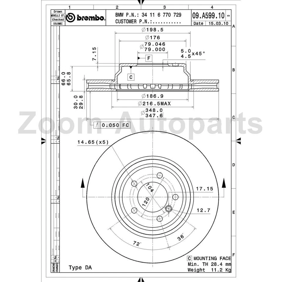 Комплект керамических передних тормозных дисков и тормозных колодок Brembo OE для 2007 BMW 335xi - Изображение 2 из 4