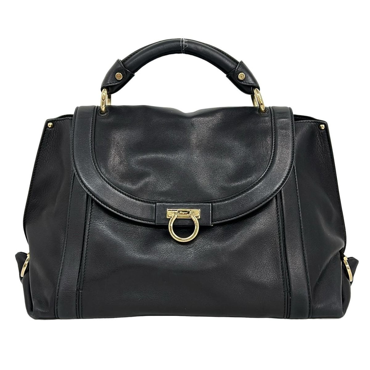 Salvatore Ferragamo Hand Bag Tote Purse Gancini Leather Black Authentic