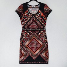 Calvin Klein Dress Womens 6 Black Red Printed Short Sleeve Lightweight Sheath
