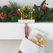 Christmas Light Up Stocking Holder LED Mantel Hanging Gold Wire Star White Decor