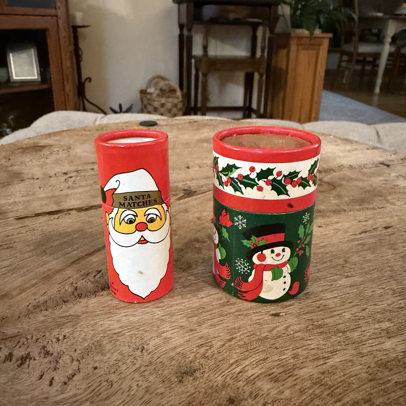 Vintage Christmas Matches Lot Of 2 Tubes Santa / Claus Snowman