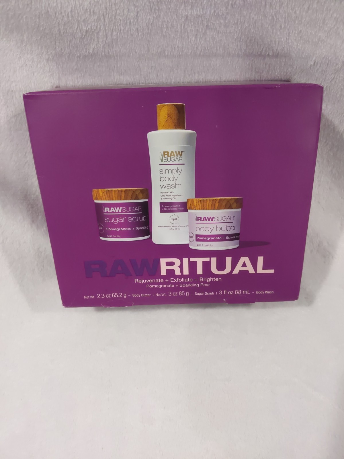 Raw Sugar Raw Ritual Kit Sugar Scrub Body Butter & Body Wash Pomegranate & Pear
