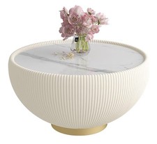 Modern Round Coffee End Table Marble Pattern Tabletop Leather Edge - White Gold