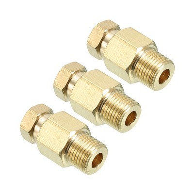 3Pcs Brass Tube Compression Fitting 6mm Tube OD 1/8 BSP Male Thread, Gold Tone