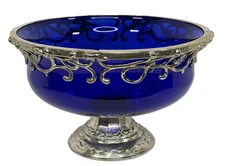 Silver Plate Compote Bowl w/ Cobalt Blue Glass – Ornate Pedestal 9.5" x 6"