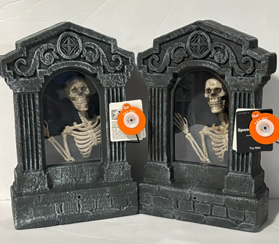 Lot (2) CVS Halloween Spooky Village Animated Grave Skeleton Headstone LED