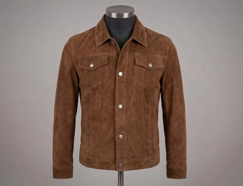 Men's Brown Quince Italian Suede Trucker Jacket Lambskin Leather Shirt Look Coat - product listing photo