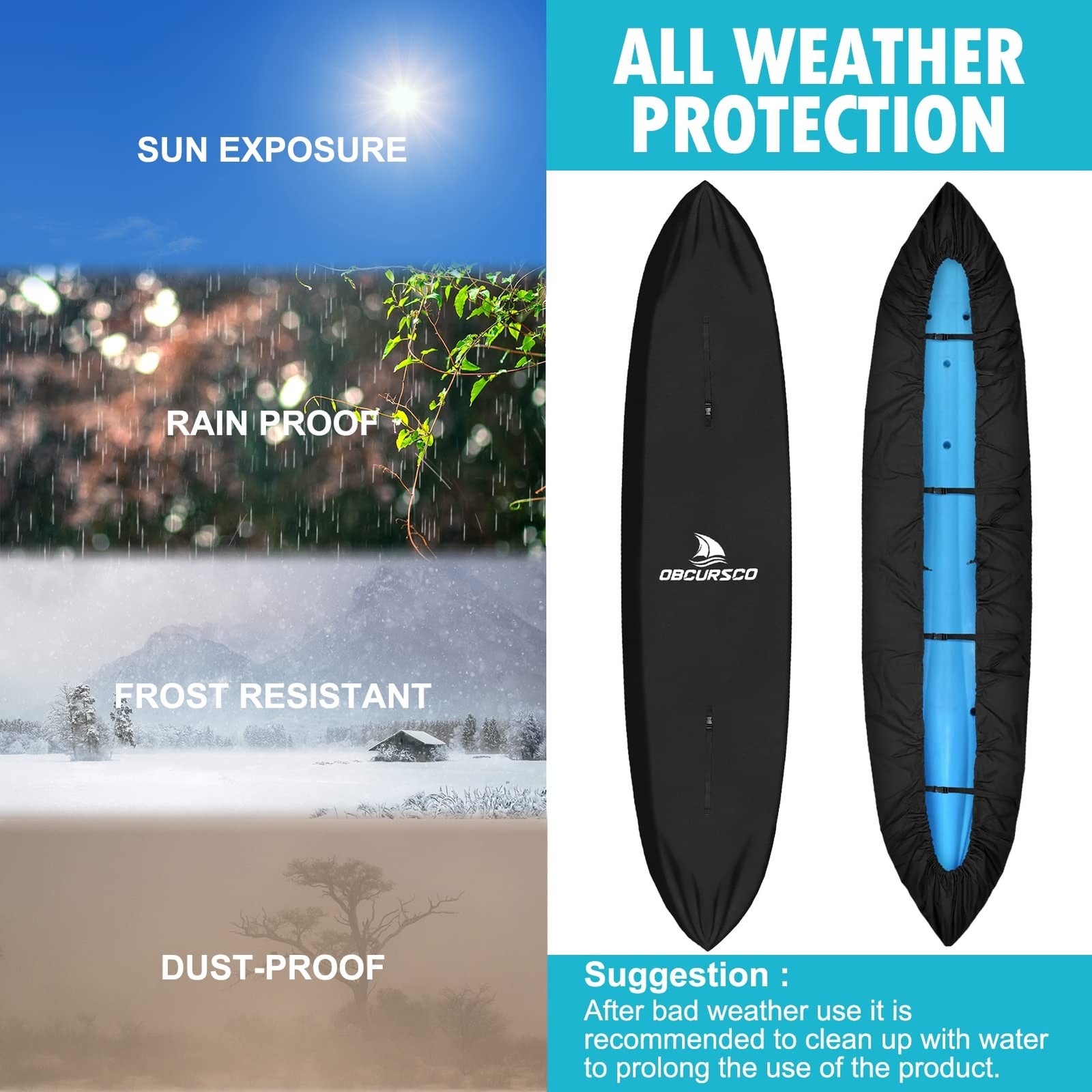 Obcursco 600D Kayak Cover Waterproof, 9.3-16.5FT Thickened UV-Proof, Tear and...