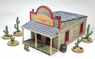 Painted Single Storey Building & Porch /Dog /Barrel Dead Mans Hand Ready To Ship