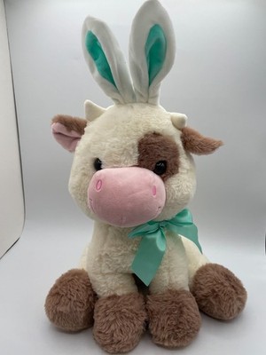 Walmart Easter Cow White Cream Brown Bunny Ears Plush 15'' Way to Celebrate Bow