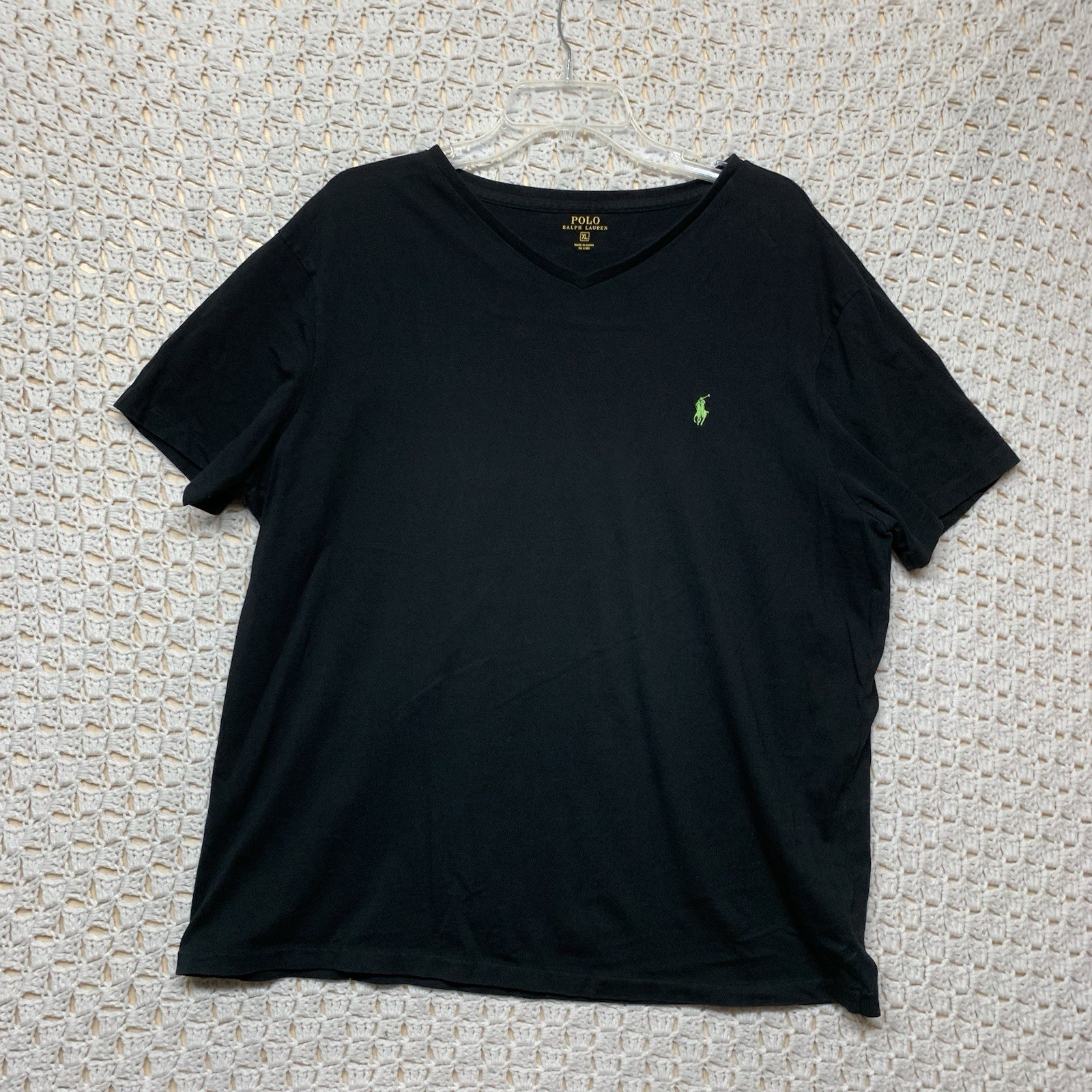 Polo Ralph Lauren maglietta uomo XL nero verde pony manica corta scollo a V cotone