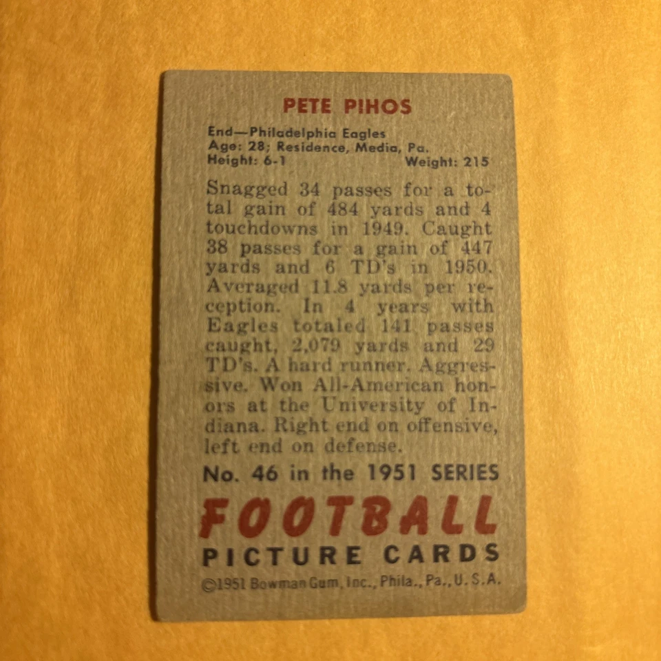 1951 Bowman Football #46 Pete Pihos VG - Image 2 of 2