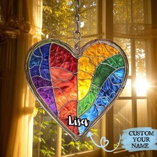 Acrylic Rainbow Heart Suncatcher Faux rnament, Colorful Window Hangin