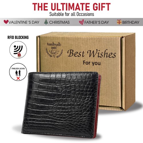 Real Crocodile Black/Red Leather Bifold Wallet Men's Credit Card Wallet - Picture 10 of 13