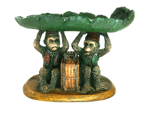 Denzine Monkey Sculpture Holding Leaf Tray Vintage