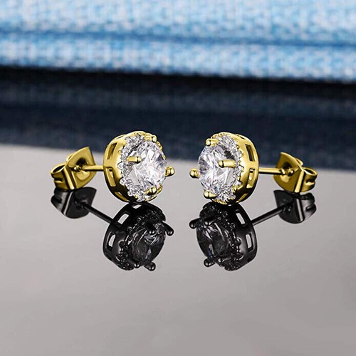 14k Yellow Gold Plated 1 Ct Round Cut Lab-Created Diamond Halo Stud Earrings - Picture 2 of 3