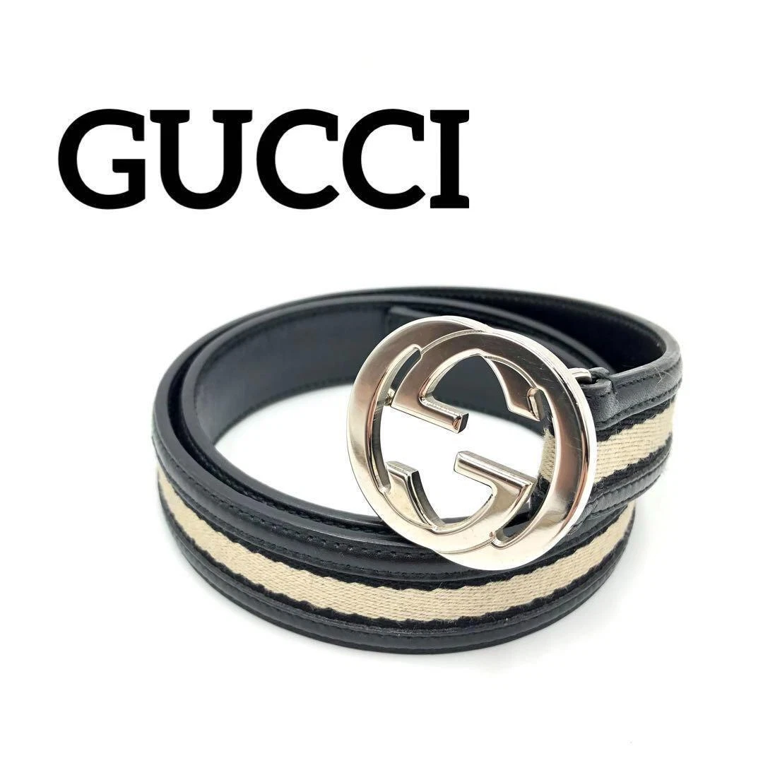 GUCCI Ceinture Cuir Entrelacé Noir Argenté Homme Accessoire Mode
