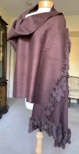 100% Wool La Fiorentina Brown Wrap Fringe Rabbit Fur Trim Oversized Scarf Shawl
