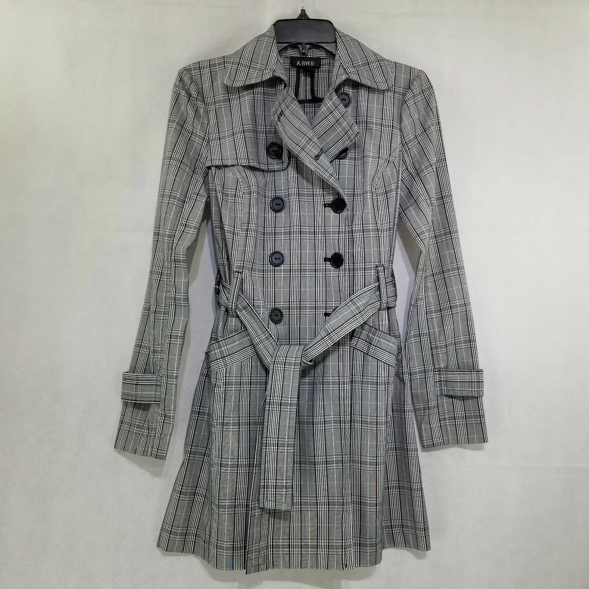 A. BYER Trench Coat Double Breasted Glen Plaid Gray Black Short Size Small
