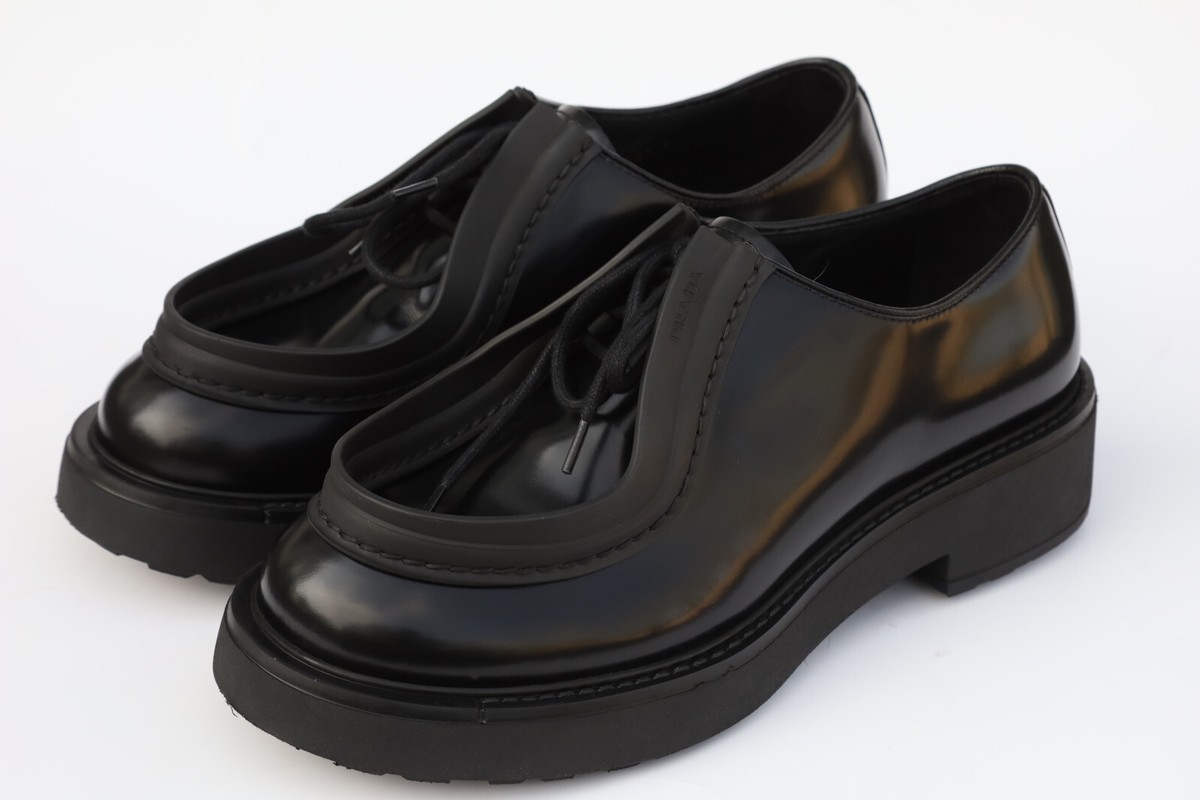 PRADA Diapason Black Brushed Leather Lace-Up Derby Shoes Size 7
