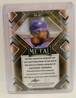 JACKSON CHOURIO #2 /7 PURPLE X ROOKIE AUTO AUTOGRAPHED LEAF METAL