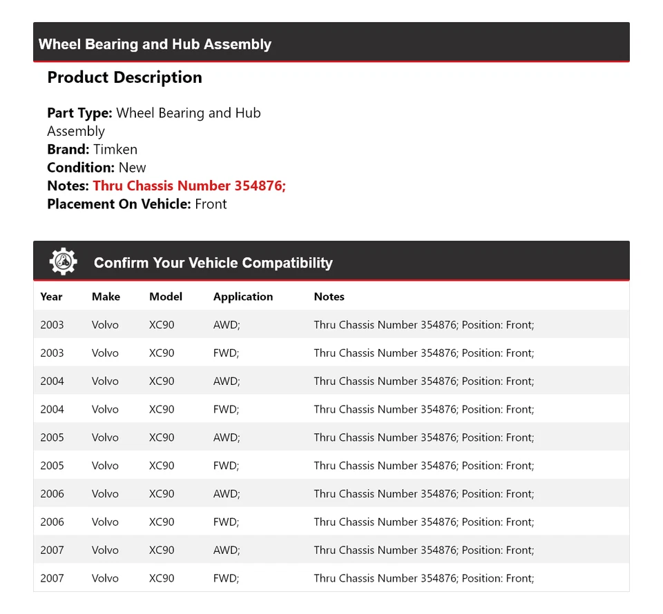 Conjunto de cojinete de rueda y buje delantero Timken 2004 2005 para Volvo XC90 2003-2007 Foto 2 de 4