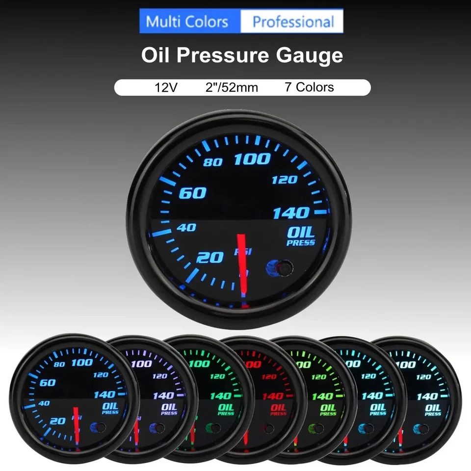 Mechanical 2" 52mm 12V 7 Color LED Oil Pressure Gauge Meter w Sensor 0-140 PSI - Image 2 of 4