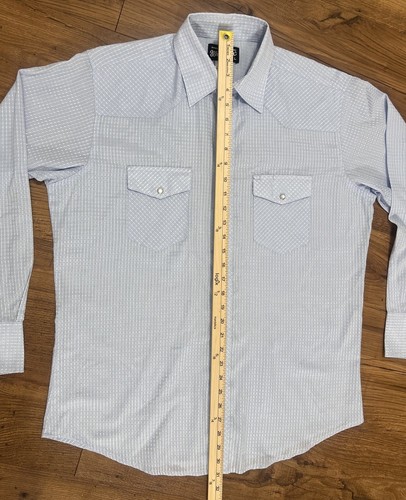 Vintage Wrangler Button Up Shirt Mens L Blue Pearl Snap Western Cowboy Rodeo 70s - Picture 8 of 9