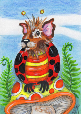 ACEO Original Guinea Pig lady bug Loberg Tiny art Fantasy insect Mushroom ferns